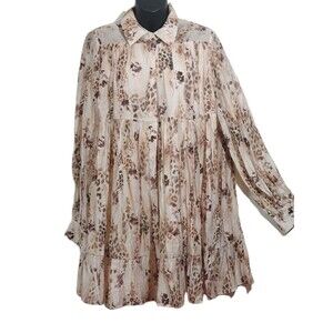 blue b Semi-Sheer Lined Buttons Ruffled Long Sleeve Short Flowy Swing Dress Med